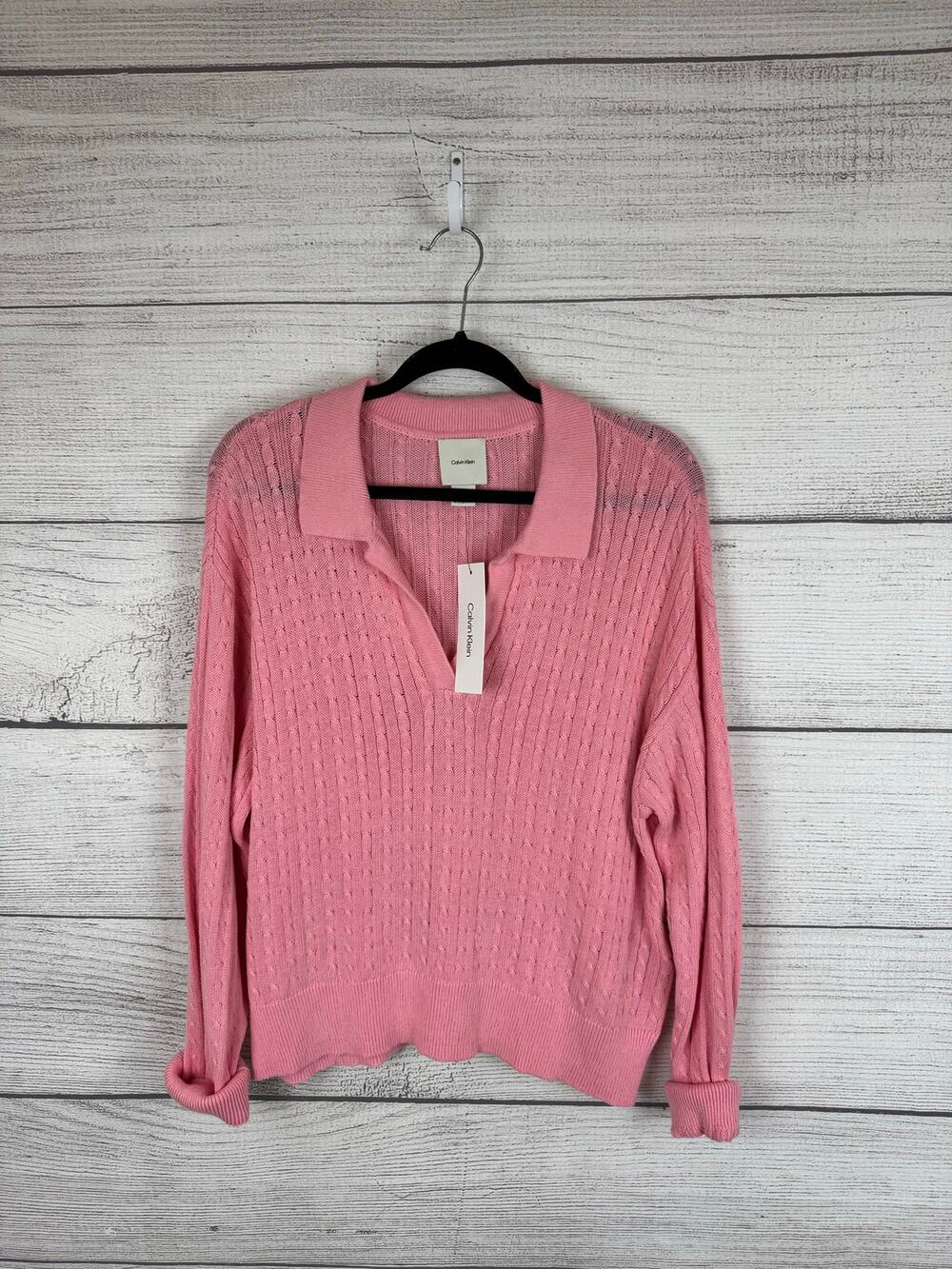 Calvin Klein Women's Pink Peony Knit Preppy Collared Polo Sweater Size XL